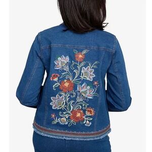 Alfred Dunner Floral Embroidered Denim Jacket Size Large Raw Fringe Hem